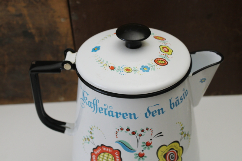 photo of vintage Berggren enamelware coffee pot, Swedish folk art saying Kaffetaren den basta Coffee the best!  #3